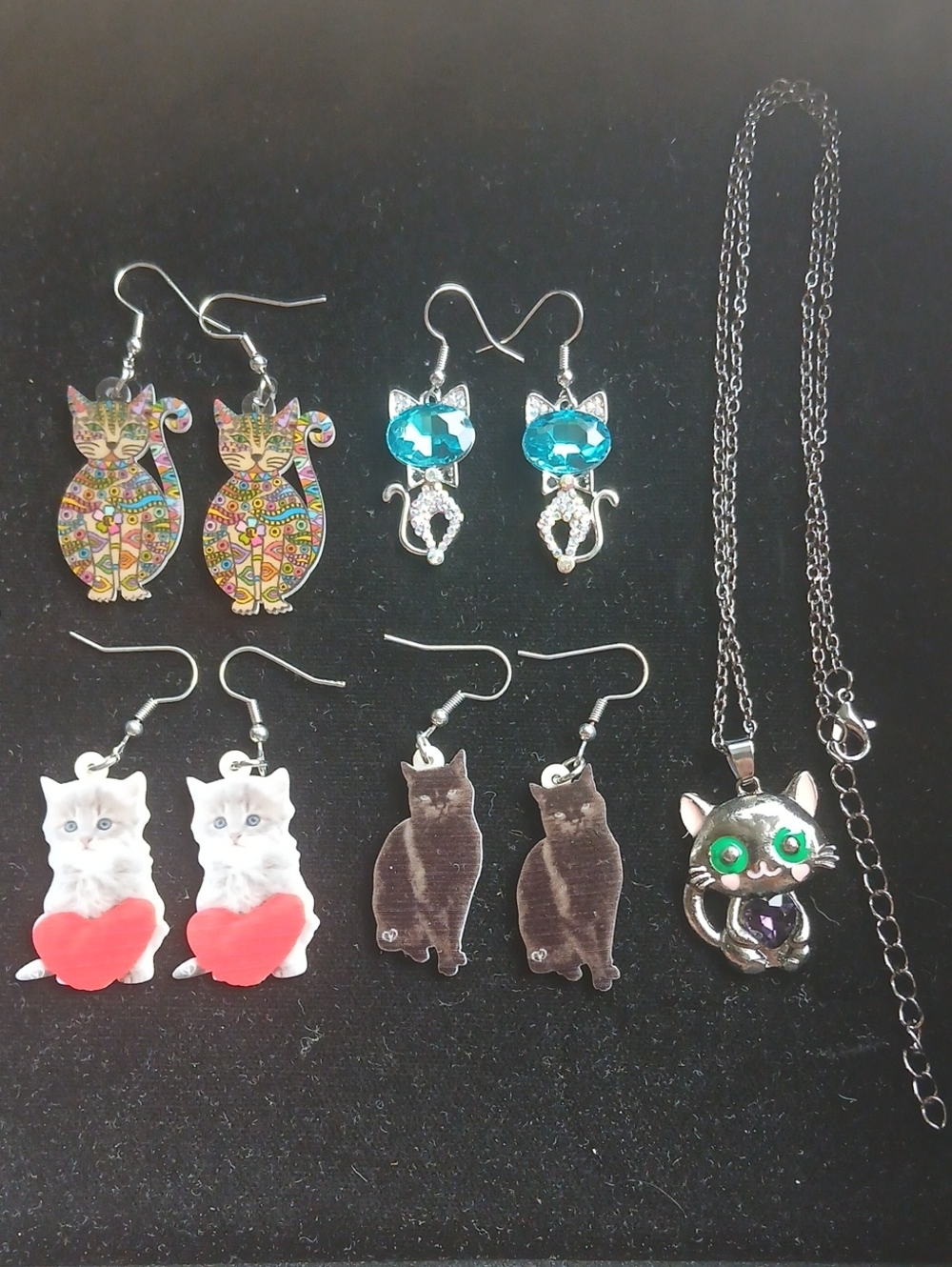 Multicolor Cat Lady Earrings & Necklace Bundle - Women Jewelry
